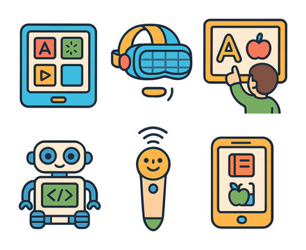 Educational Tech Icons. Flat vector mini-illustrations Educational tool innovations in colors children's