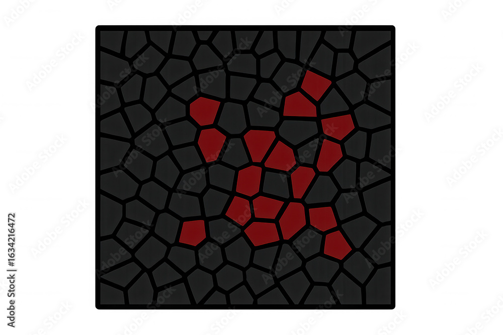Poster intricate red voronoi pattern dynamically emerging from dark, irregular tessellation, revealing shar