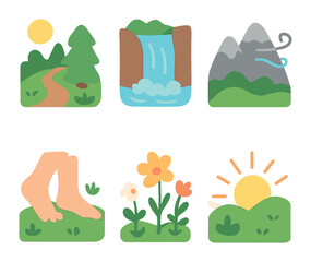Nature's Healing Walk. Flat vector mini-illustrations Healing through nature in colors children's