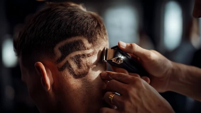 Creative haircut design session showing intricate patterns and skilled barber craftsmanship inside a vibrant barbershop environment