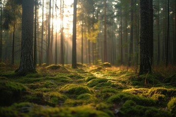 Obraz premium Forest with moss and grass sunlight landscape outdoors.