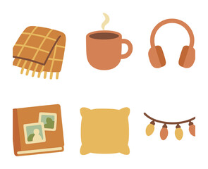 Cozy Vision Board Icons. Flat vector mini-illustrations Creating a cozy vision board corner in colors children