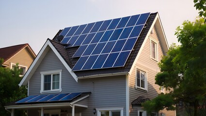 Fototapeta premium Modern suburban home with a roof covered in photovoltaic solar panels