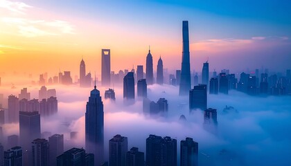 Fototapeta premium City skyline emerging from a sea of mist at dawn