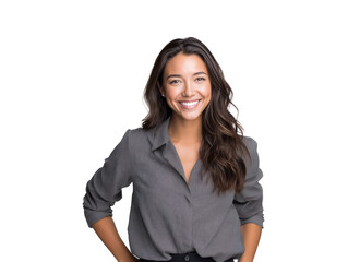 Portrait of a beautiful young professional businesswoman with a radiant smile and long brown hair, looking confidently at the camera, isolated on a clean white background.