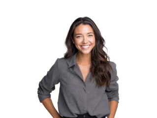 Portrait of a beautiful young professional businesswoman with a radiant smile and long brown hair, looking confidently at the camera, isolated on a clean white background.