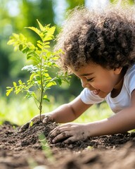 Child planting young tree with joy and care in sunny garden.