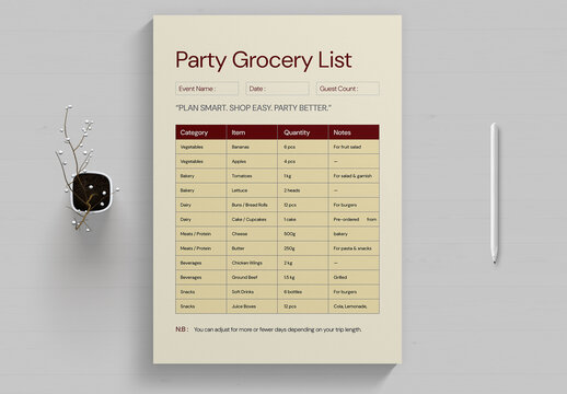 Editable Party Grocery List Template for Event Planning