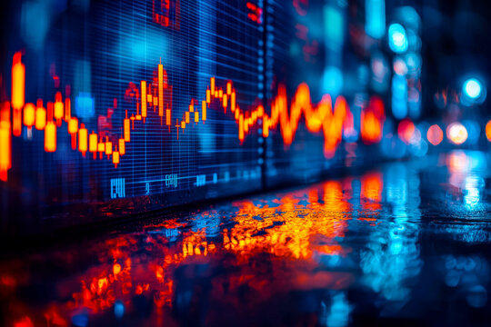 Stock market data visualization with glowing financial graphs and illuminated reflections