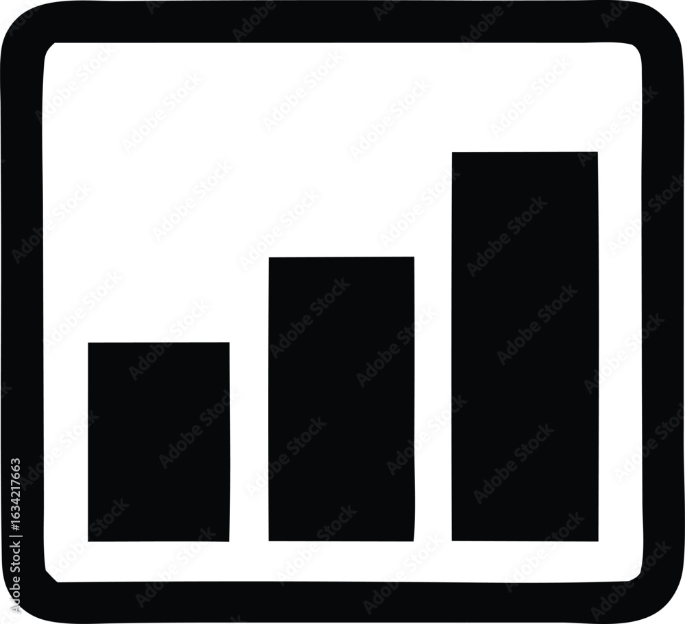 Poster simple black and white icon representing a bar chart with three ascending bars inside a square borde