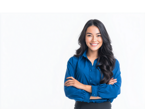 Portrait of a young, successful Asian businesswoman in a blue shirt smiling confidently with arms crossed, standing isolated on a white background with ample copy space.