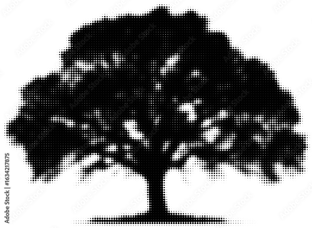 Poster silhouette of a large tree in halftone dots with digital art style