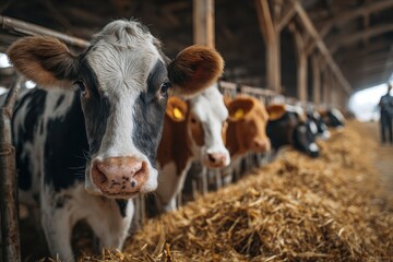 Cows stand in a row inside a barn, eating hay. Ideal for illustrating agriculture and animal themes.
