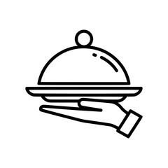 Obraz premium Serving a Culinary Delight: A hand, elegantly presents a covered platter, the epitome of service and anticipation, a minimalistic illustration that promises culinary satisfaction.