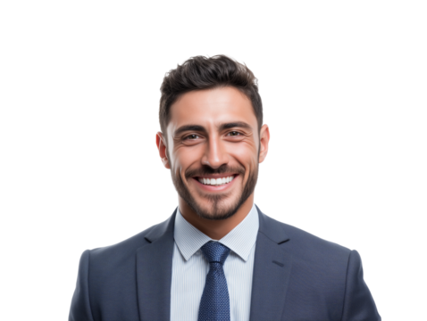 Portrait of a handsome and confident young businessman in a professional suit, smiling warmly. Successful entrepreneur or corporate manager headshot isolated on a white background.