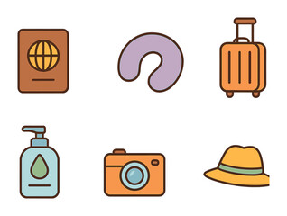 Travel Checklist Icons. Flat vector mini-illustrations travel day checklist in colors children's illustrations