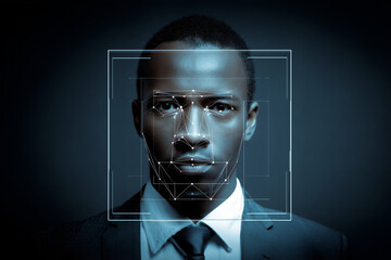 A man's face is shown in a square with a black background