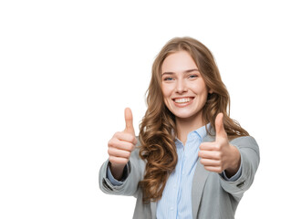 Portrait of a successful and confident young businesswoman in a grey blazer giving a double thumbs up with a cheerful smile, symbolizing agreement and job well done.