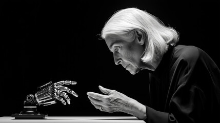 Senior woman scientist examining robotic hand technology in laboratory. Black and white portrait showing artificial intelligence research and human-machine interaction.