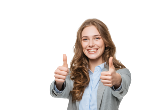 Portrait of a successful and confident young businesswoman in a grey blazer giving a double thumbs up with a cheerful smile, symbolizing agreement and job well done.