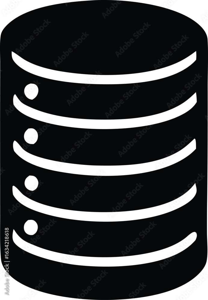 Poster black and white silhouette icon representing a cylindrical database with stacked layers and small ci