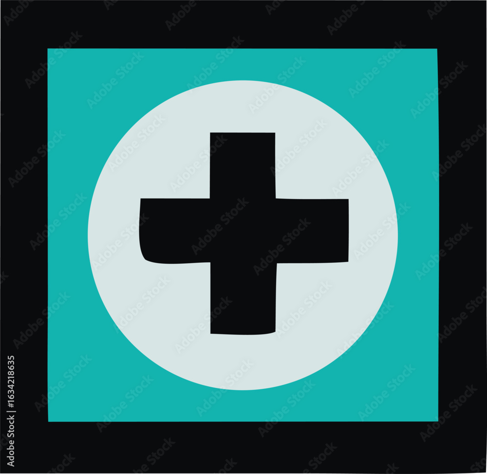 Poster Simple black cross symbol centered within a white circle on a teal square background with dark borders