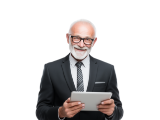 Smiling Senior Executive with Glasses Holds Tablet Modern **Communication** and **Technology** for **Business**, Successful **Networking**, and **Connection** on White Background