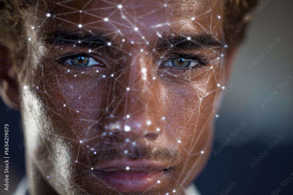 Poster a man with a face that is made up of lines and dots