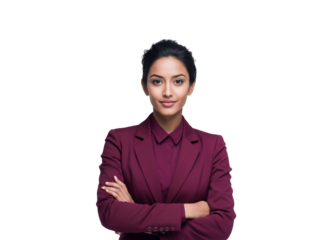 Portrait of a confident young Indian businesswoman in a stylish maroon suit, standing with crossed arms against an isolated white background, a symbol of leadership.