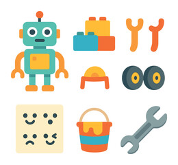 Customizable Robot Toy Set. Flat vector mini-illustrations build your own toy set in colors children's