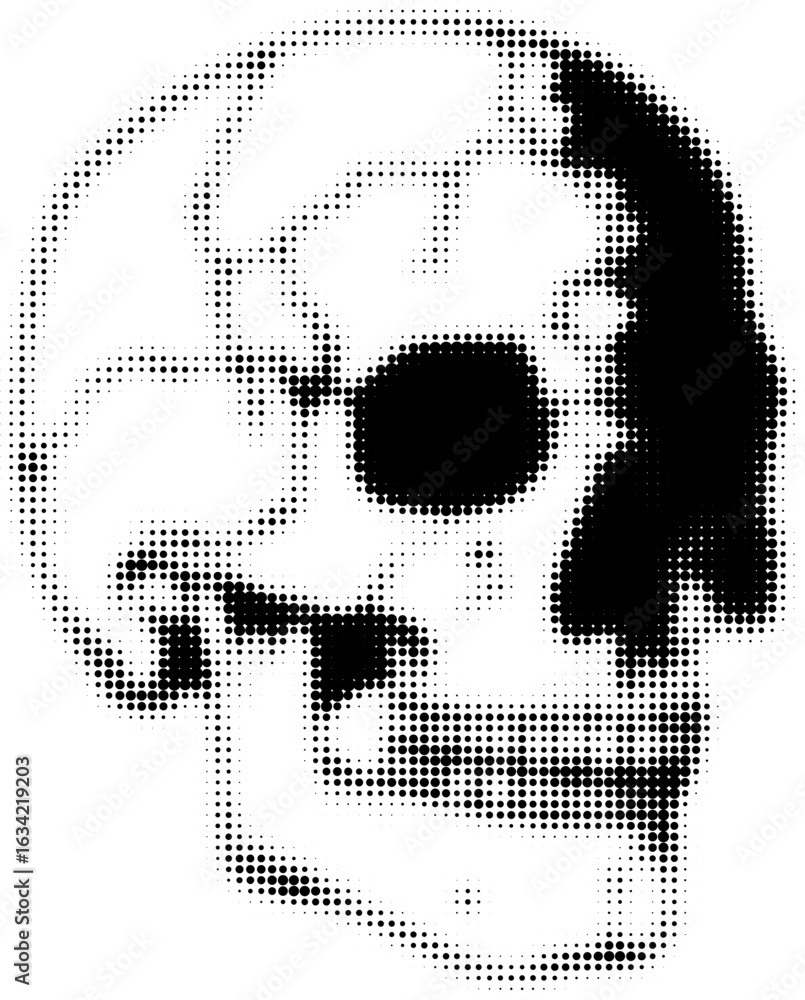 Poster close-up of black and white halftone skull with dotted pattern design