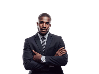 Confident young African American businessman in a formal suit with arms crossed, exuding success and leadership, isolated on a white background studio portrait.
