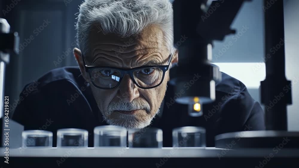 Poster scientist examining samples under microscope in laboratory environment