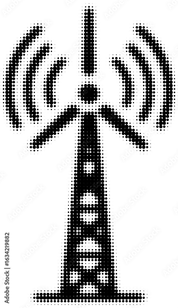 Poster dotted design of a broadcasting tower with signal waves and monochrome theme