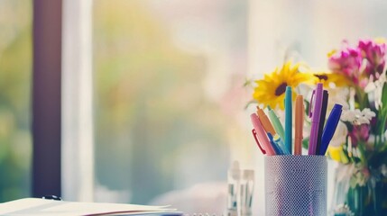 Bright and colorful office stationery with pens and flowers placed on a desk near a window, creating a cheerful workspace atmosphere and inspi creativity