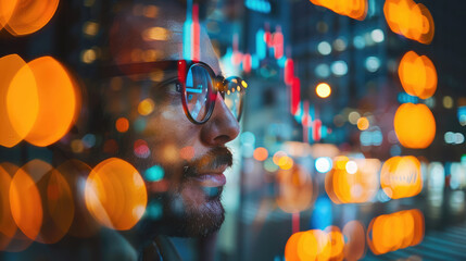 Financial Insight: Man with stock market graph reflection in glasses, analyzing data in a dynamic market.