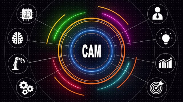 Glowing neon CAM computer-aided manufacturing industrial technology automation concept. animation of dots wave background.