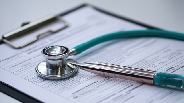 Plastic Surgery Certification on Clipboard With Stethoscope and Pen, Highlighting Medical Preparation and Professionalism at a Clinic Setting