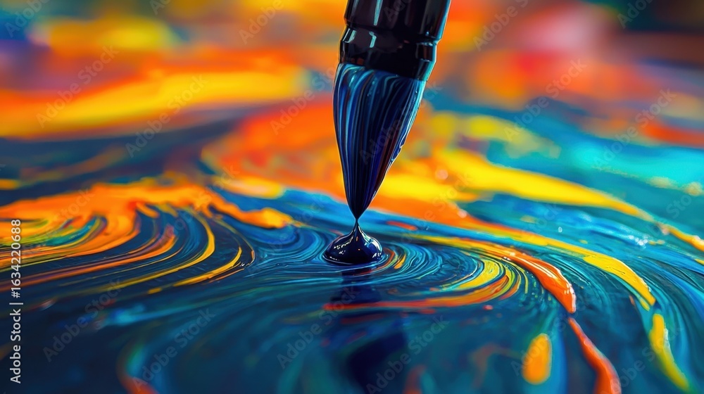 Poster close-up of a vibrant oil paint drop creating colorful swirl patterns on a smooth surface with brigh