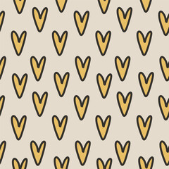 Simple repeating heart pattern with bold contour on beige background. Great for packaging, textiles and soft valentine designs.