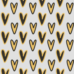 Repeating heart pattern with black outlines on grey background. Ideal for kids products, wrapping paper and cute prints.