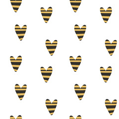 Pattern with bee-style striped hearts in diagonal layout. Ideal for prints, packaging and fun childrens products.