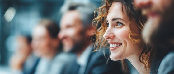 A team of businesspeople sits in a row and works during a conference or office meeting, improving teamwork and presentation.
