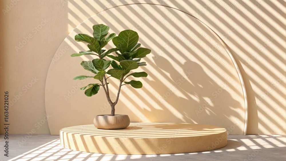 Poster a potted fiddle leaf fig tree on a round platform with shadows and a curved backdrop element