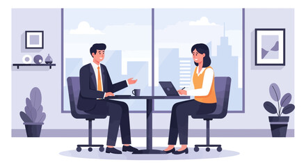 Professional business meeting or job interview. A man and woman in formal attire discuss work in a modern office.