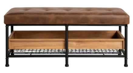 Rustic brown leather-topped bench with wooden storage