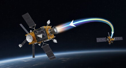 Futuristic Satellite Refueling Mission with Luminous Energy Transfer Arc Above Earth.