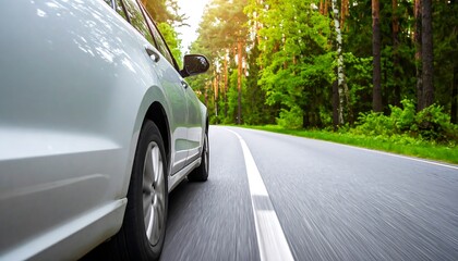 A silver car on a country road