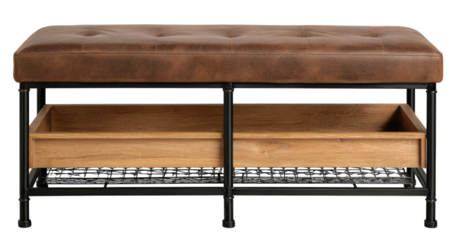 Rustic brown leather-topped bench with wooden storage