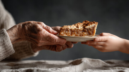 Elderly hands passing apple pie slice to young person on white plate. Thanksgiving family sharing homemade dessert. Generations bonding over traditional food.